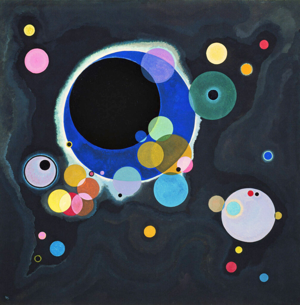 Dipinto astratto con cerchi colorati su fondo nero di Wassily Kandinsky
